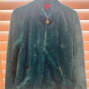 Lilly Pulitzer Teal Plush Faux-Fur Zip Jacket